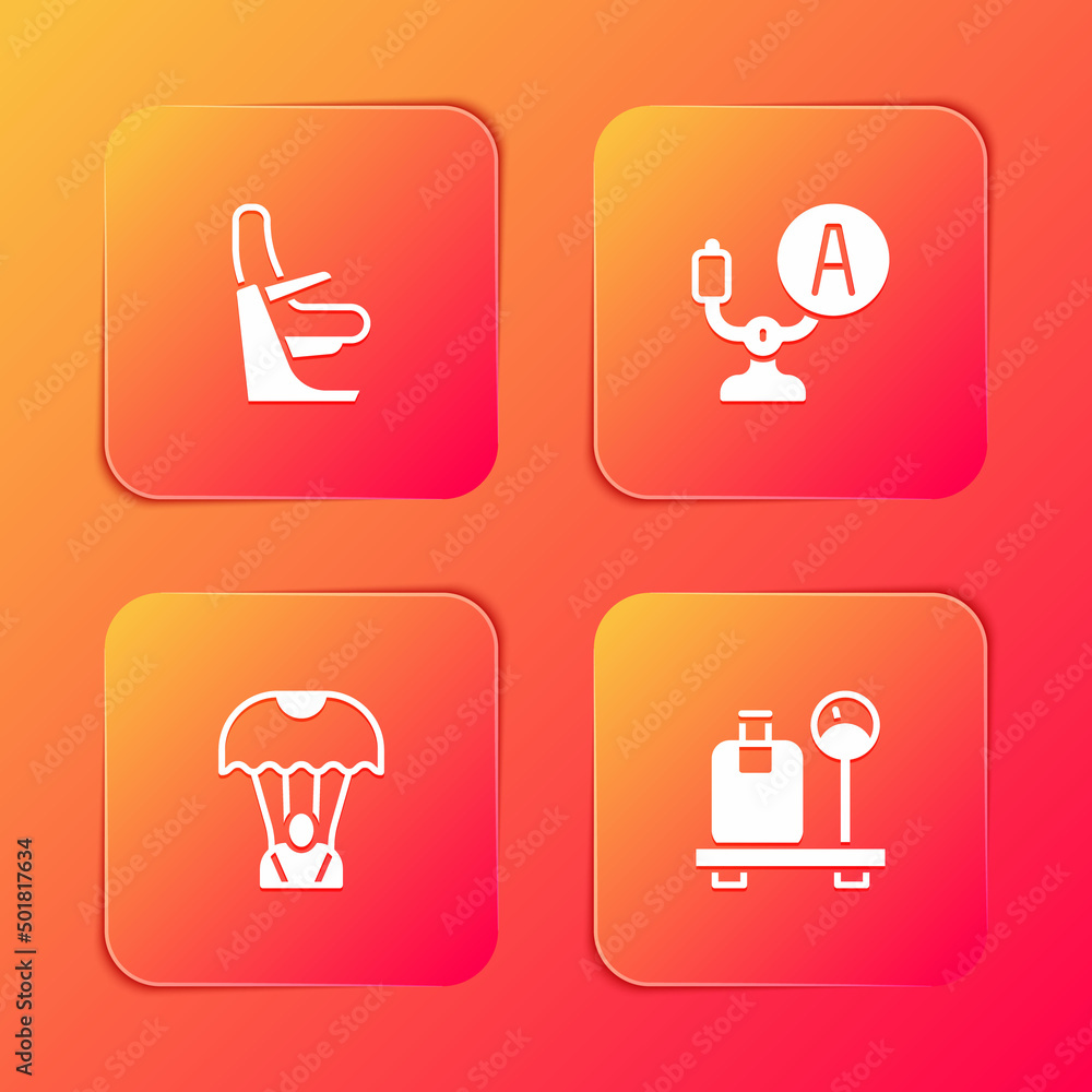 Set Airplane seat, Aircraft steering helm, Parachute and Scale with suitcase icon. Vector Set Airplane seat, Aircraft steering helm, Parachute and Scale with suitcase icon. Vector