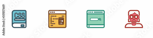 Set Books about programming, Software, Search engine and Hacker or coder icon. Vector