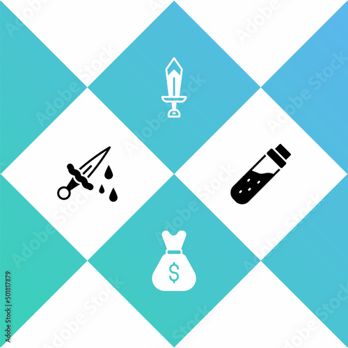 Set Sword with blood, Old money bag, for game and Bottle potion icon. Vector