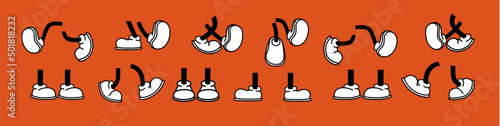 Vintage cartoon feet in shoes. Cute animation character body parts. Comics arm gestures and walking leg poses vector set. Different foot movements and positions