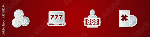 Set Casino chip with dollar, Laptop and slot machine, Winner holding prize ticket and Online poker table game icon. Vector
