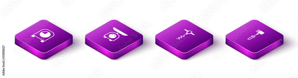 Set Isometric Kitchen timer, Scales, Wine corkscrew and hammer icon. Vector Set Isometric Kitchen timer, Scales, Wine corkscrew and hammer icon. Vector