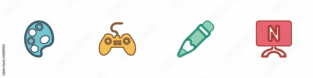 Set Palette, Gamepad, Pencil with eraser and Smart Tv icon. Vector Set Palette, Gamepad, Pencil with eraser and Smart Tv icon. Vector