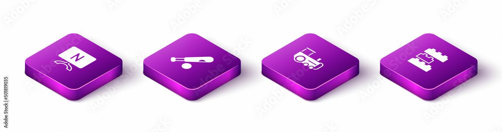 Set Isometric Smart Tv, Baseball bat with ball, Toy train and building block bricks icon. Vector Set Isometric Smart Tv, Baseball bat with ball, Toy train and building block bricks icon. Vector
