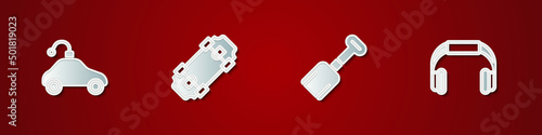 Set Radio controlled car toy, Skateboard, Shovel and Headphones icon. Vector