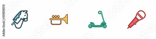 Set Toy horse, Trumpet, Roller scooter and Microphone icon. Vector