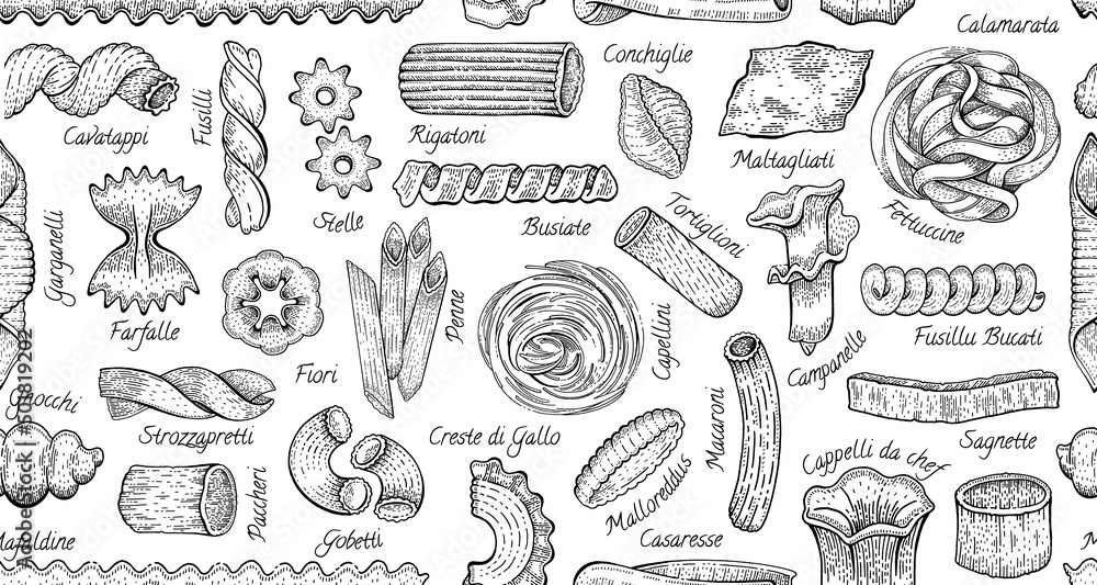 Pasta Pattern. Italian vector food seamless background. Macaroni sketch doodle illustration. Vintage drawing from Italy. Outline pasta icon art. Fusilli Gobetti Rigatoni Capellini Conch Stelle Fiori
