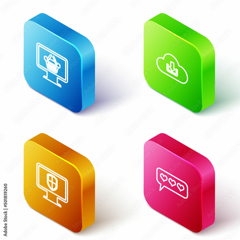 Set Isometric line Monitor with shopping basket, Cloud download, and shield and Like heart icon. Vector Set Isometric line Monitor with shopping basket, Cloud download, and shield and Like heart icon. Vector