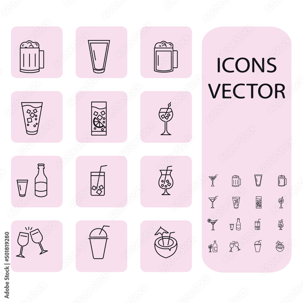 Alcohol and cocktails icons set . Alcohol and cocktails pack symbol vector elements for infographic web Alcohol and cocktails icons set . Alcohol and cocktails pack symbol vector elements for infographic web