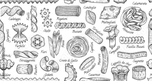 Pasta Pattern. Italian vector food seamless background. Macaroni sketch doodle illustration. Vintage drawing from Italy. Outline pasta icon art. Fusilli Gobetti Rigatoni Capellini Conch Stelle Fiori