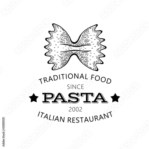 Pasta logo. Italian food vector icon. Food illustration with pasta from Italy. Restaurant cooking line menu label. Macaroni design logotype. Art cuisine sketch. Vintage kitchen typography logo