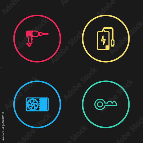 Set line Air conditioner, Key, Power bank and Drill machine icon. Vector