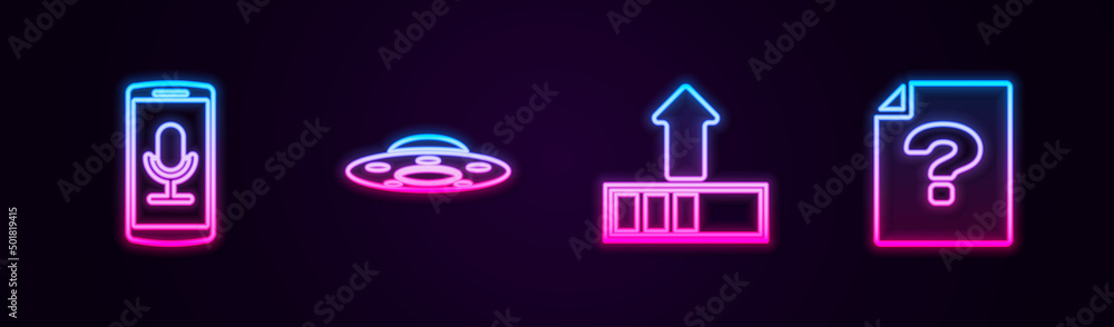 Set line Mobile recording, UFO flying spaceship, Loading and Unknown document. Glowing neon icon. Vector Set line Mobile recording, UFO flying spaceship, Loading and Unknown document. Glowing neon icon. Vector