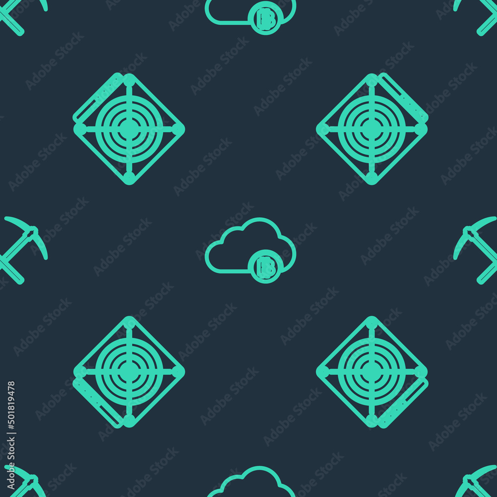Set line Cryptocurrency cloud mining, ASIC Miner and Crossed pickaxe on seamless pattern. Vector Set line Cryptocurrency cloud mining, ASIC Miner and Crossed pickaxe on seamless pattern. Vector