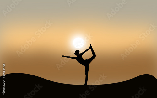 Woman yoga pose in front of landscape