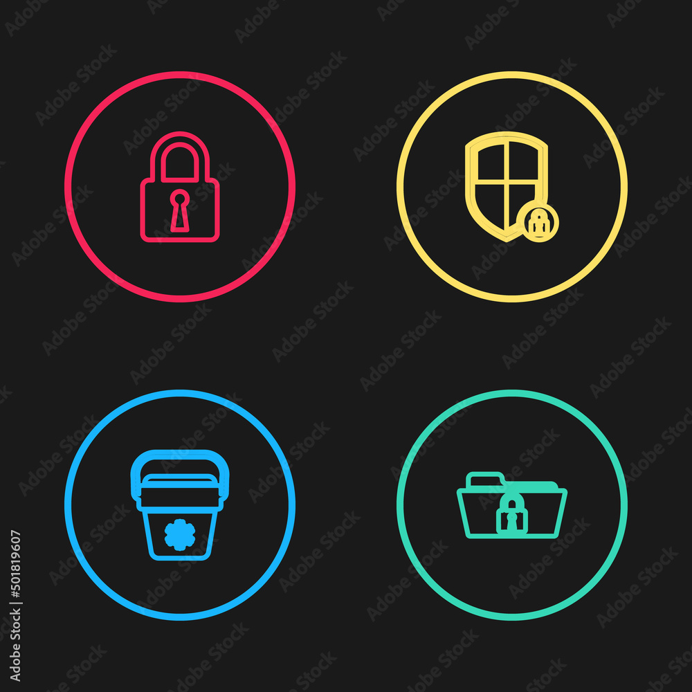 Set line Cooler bag, Folder and lock, Shield security with and Lock icon. Vector Set line Cooler bag, Folder and lock, Shield security with and Lock icon. Vector
