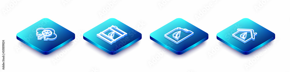Set Isometric line Acid rain and radioactive cloud, Bio fuel barrel, canister and Eco friendly house icon. Vector Set Isometric line Acid rain and radioactive cloud, Bio fuel barrel, canister and Eco friendly house icon. Vector
