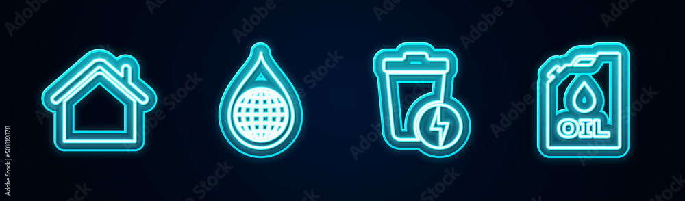 Set line House, Earth planet in water drop, Lightning with trash can and Canister machine oil. Glowing neon icon. Vector Set line House, Earth planet in water drop, Lightning with trash can and Canister machine oil. Glowing neon icon. Vector