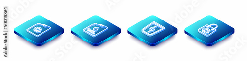 Set Isometric line Eco fuel canister, Canister machine oil, Lightning with trash and Shopping bag recycle icon. Vector