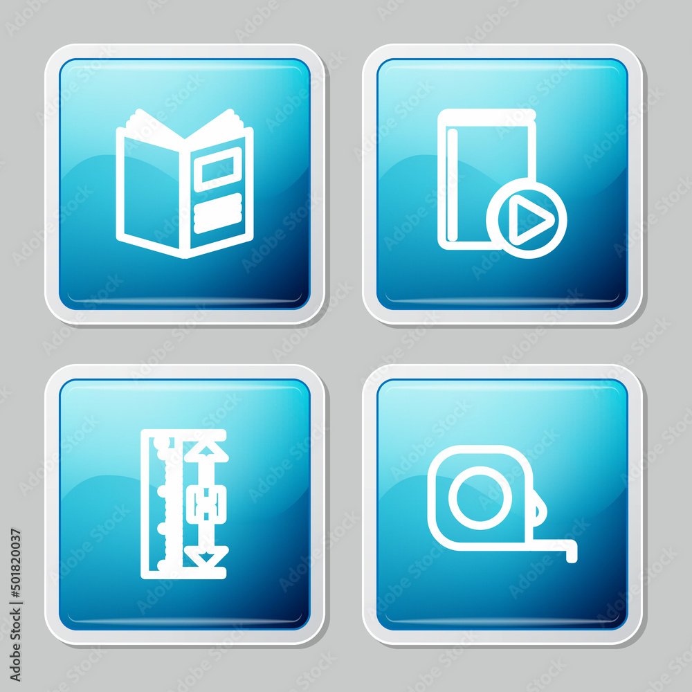 Set line Open book, Audio, Measuring height and length and Roulette construction icon. Vector