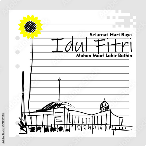 Happy Eid Al-Fitr greeting card with iIndonesian text, Mosque sketch illustration photo