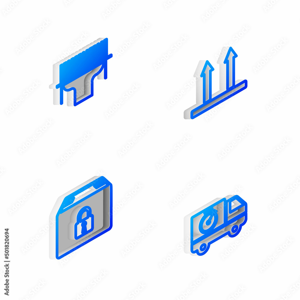 Set Isometric line This side up, Scanner scanning bar code, Locked package and Delivery truck and stopwatch icon. Vector Set Isometric line This side up, Scanner scanning bar code, Locked package and Delivery truck and stopwatch icon. Vector