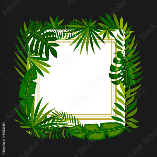Tropical botanical square frame palm leaf flat style. Luxury minimalist card invitation nightclub party important event. Summer jungle green leafy template advertising web beauty hotel isolated