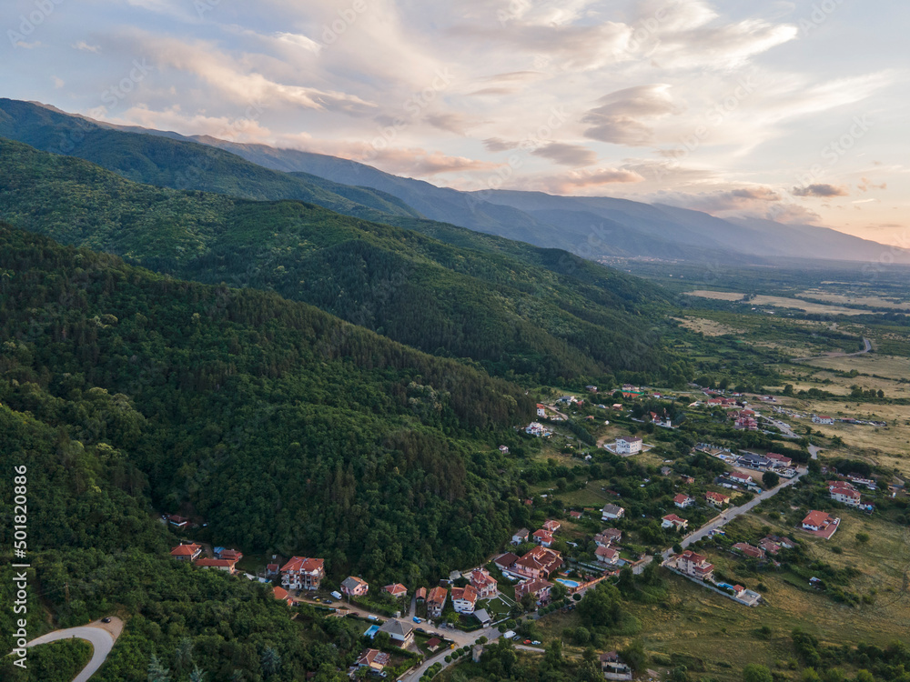 Aerial Sunset view of town of Petrich, Bulgaria