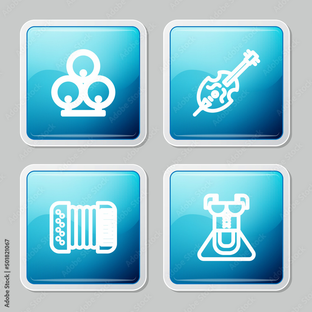 Set line Wooden barrels, Violin, Accordion and Costume for women dirndl icon. Vector Set line Wooden barrels, Violin, Accordion and Costume for women dirndl icon. Vector
