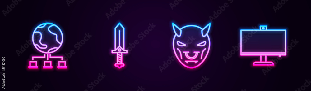 Set line Computer network, Sword for game, Mask of the devil with horns and monitor. Glowing neon icon. Vector