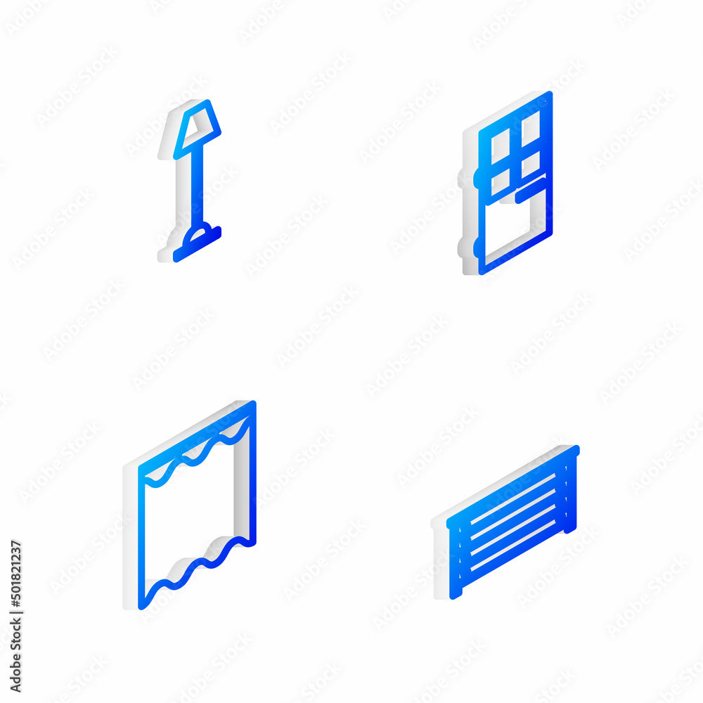 Set Isometric line Closed door, Floor lamp, Curtains and Chest of drawers icon. Vector Set Isometric line Closed door, Floor lamp, Curtains and Chest of drawers icon. Vector