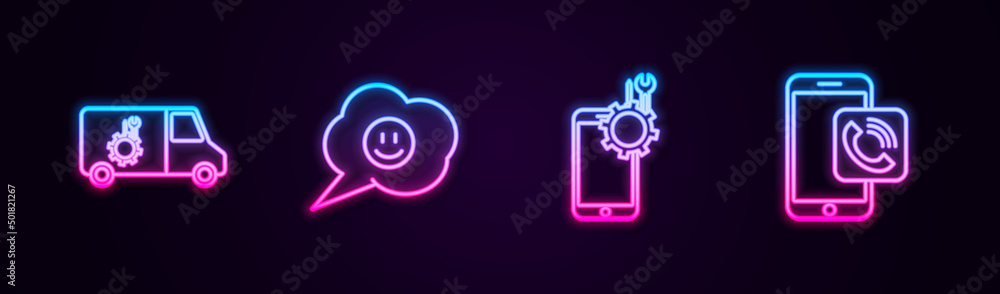 Set line Car service, Speech bubble with smile face, Mobile and phone call. Glowing neon icon. Vector Set line Car service, Speech bubble with smile face, Mobile and phone call. Glowing neon icon. Vector