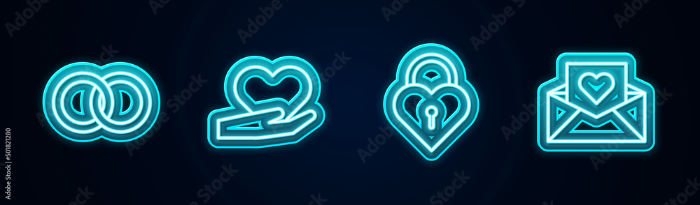 Set line Wedding rings, Heart hand, Castle the shape of heart and Envelope with Valentine. Glowing neon icon. Vector Set line Wedding rings, Heart hand, Castle the shape of heart and Envelope with Valentine. Glowing neon icon. Vector