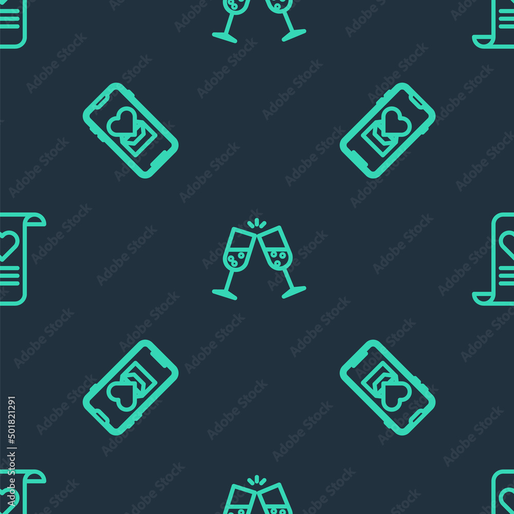 Set line Glass of champagne, Mobile with heart and Envelope Valentine on seamless pattern. Vector Set line Glass of champagne, Mobile with heart and Envelope Valentine on seamless pattern. Vector
