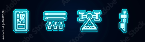 Set line Smart control farming system, with bulb and plant, drone and Standalone sensor. Glowing neon icon. Vector