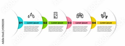 Set line Sesame seeds, Medicine bottle and pills, Lungs and Peanut. Business infographic template. Vector