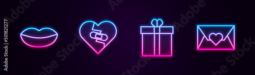 Set line Smiling lips, Healed broken heart, Gift box and and Envelope with Valentine. Glowing neon icon. Vector