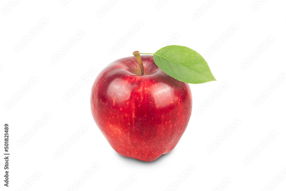 Ripe red apple fruit and green apple leaf isolated on white background. Ripe red apple fruit and green apple leaf isolated on white background.