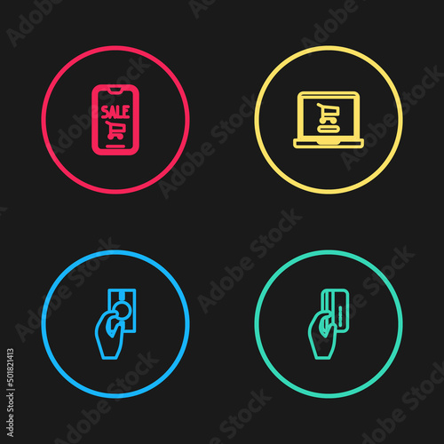 Set line Hand holding money  with credit card  Shopping cart laptop and Mobile phone shopping icon. Vector