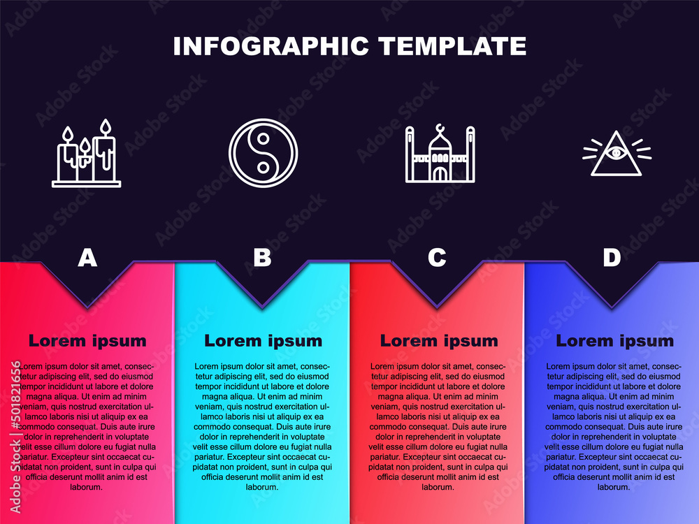 Set line Burning candles, Yin Yang, Muslim Mosque and Masons. Business infographic template. Vector