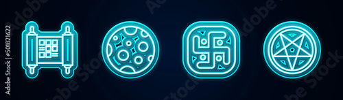Set line Decree, paper, parchment, scroll, Moon, Jainism and Pentagram circle. Glowing neon icon. Vector