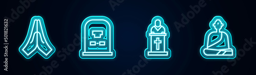 Set line Hands in praying position, Tombstone with RIP written, Church pastor preaching and Buddhist monk. Glowing neon icon. Vector