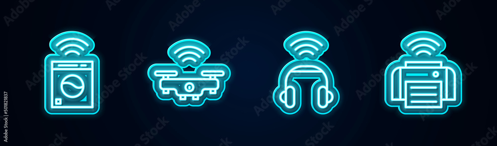 Set line Smart washer, drone, headphones and printer. Glowing neon icon. Vector Set line Smart washer, drone, headphones and printer. Glowing neon icon. Vector