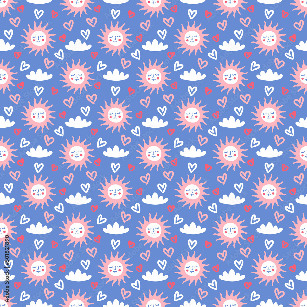 Hand drawn summer seamless pattern with sun, clouds and hearts. Perfect for T-shirt, textile and print. Doodle illustration for decor and design. Hand drawn summer seamless pattern with sun, clouds and hearts. Perfect for T-shirt, textile and print. Doodle illustration for decor and design.