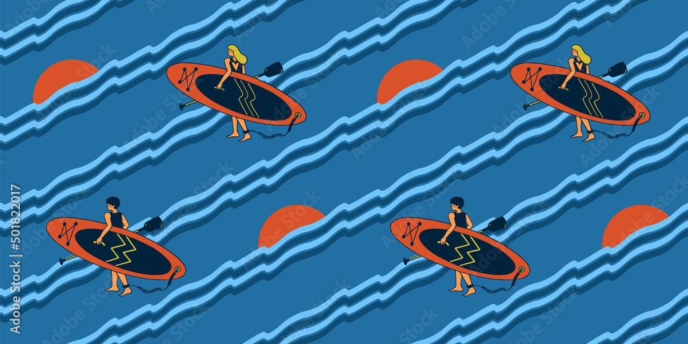 Pattern with a guy and a girl carrying a SUP board and a paddle for surfing on the waves. Modern simple bright flat illustration with sunset on the sea. Pattern with a guy and a girl carrying a SUP board and a paddle for surfing on the waves. Modern simple bright flat illustration with sunset on the sea.