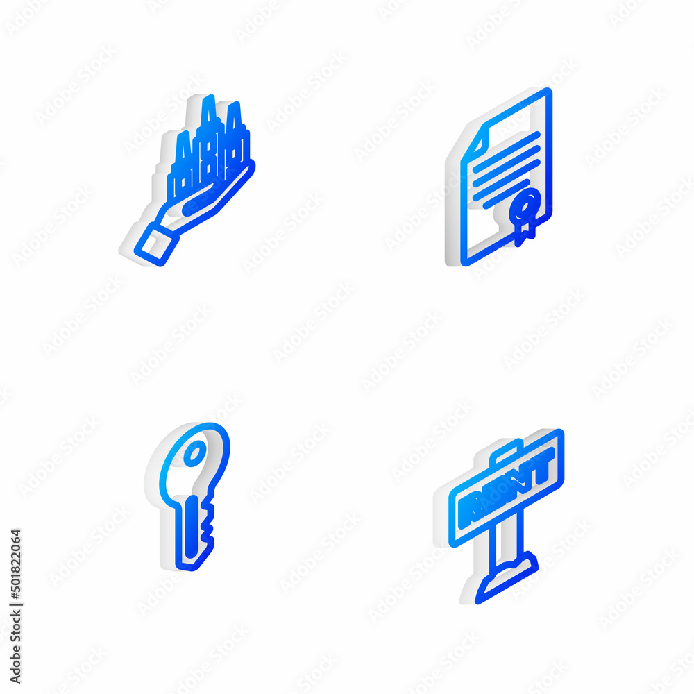 Set Isometric line House contract, Skyscraper, key and Hanging sign with Rent icon. Vector Set Isometric line House contract, Skyscraper, key and Hanging sign with Rent icon. Vector