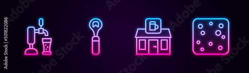 Set line Beer tap with glass, Bottle opener, Store building of beer shop and bubbles. Glowing neon icon. Vector