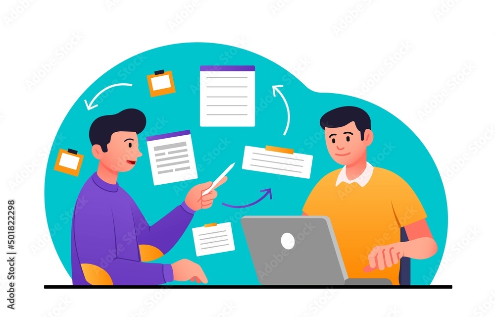 Time management and planning concept. Young male office employees make list of tasks or write reminders and notes. Scheduling for efficiency and productivity. Cartoon flat vector illustration