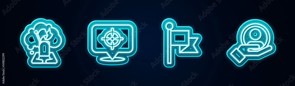 Set line Man holding flag, Target, Flag and Hand for search people. Glowing neon icon. Vector Set line Man holding flag, Target, Flag and Hand for search people. Glowing neon icon. Vector