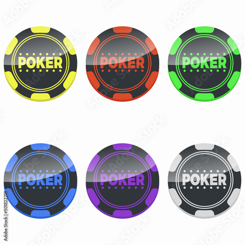 Isolated set of six poker chips. Vector set with colored casino chips.